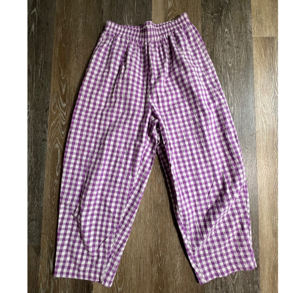 Unbranded Gingham Pants Womens Small Purple White Checkered Viscose Relaxed